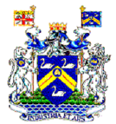 An image of the City of Stratford’s Coat of Arms. It contains pictures of two tigers holding flags surrounding a crest with three swans on it.  The City’s motto, “Industria et Ars” is located in a banner under the crest.